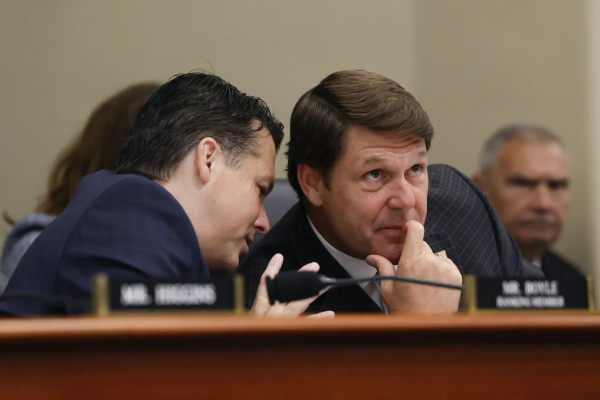 House Budget Committee Ranking Member Rep. Brendan Boyle (D-Pa.) (L) speaks with Chairman Rep. Jodey Arrington (R-Texas) during a markup meeting on Capitol Hill on Sept. 20, 2023. (Anna Moneymaker/Getty Images)