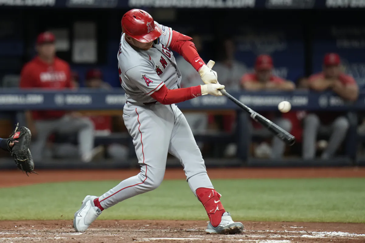 Los Angeles Angels' Brandon Drury singles off Tampa Bay Rays relief pitcher Jalen Beeks during the fourth inning of a baseball game in St. Petersburg, Fla., on Sept. 20, 2023. (AP Photo/Chris O'Meara)