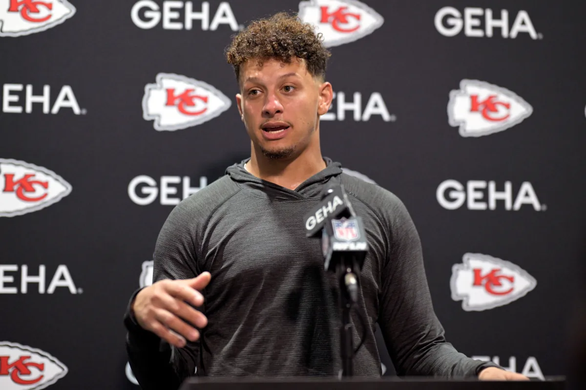 Kansas City Chiefs quarterback Patrick Mahomes speaks at a news conference after an an NFL football game in Jacksonville, Fla., on Sept. 17, 2023. (Phelan M. Ebenhack/AP Photo)