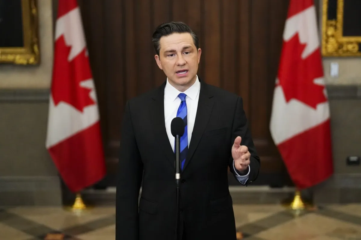 Conservative Leader Pierre Poilievre speaks to reporters in the foyer of the House of Commons on Parliament Hill in Ottawa on Sept. 19, 2023. (The Canadian Press/Sean Kilpatrick)