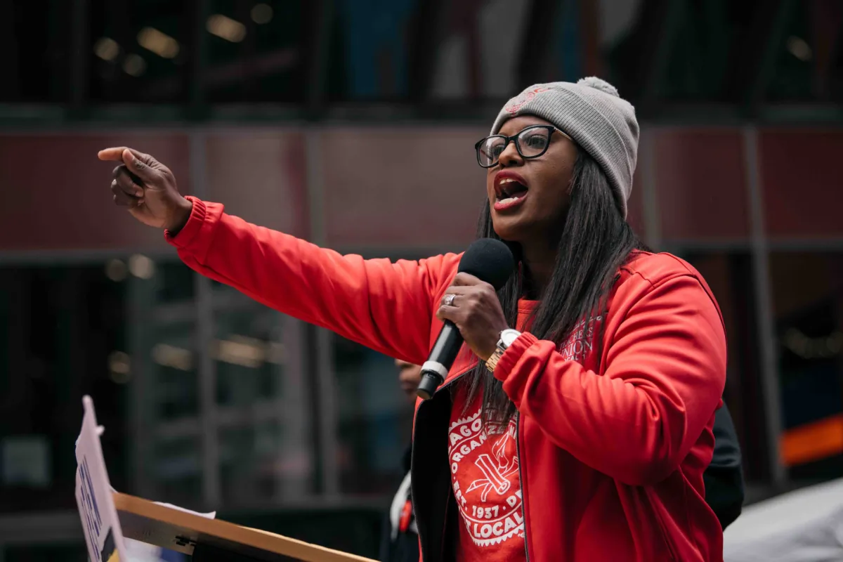 Stacy Davis Gates, head of the Chicago Teachers Union, calls private schools racist and fascist despite sending her children to one. Stacy Davis Gates, then vice president of the Chicago Teachers Union, speaks at a downtown rally in support of the ongoing teachers strike in Chicago on Oct. 23, 2019. (Scott Heins/Getty Images)