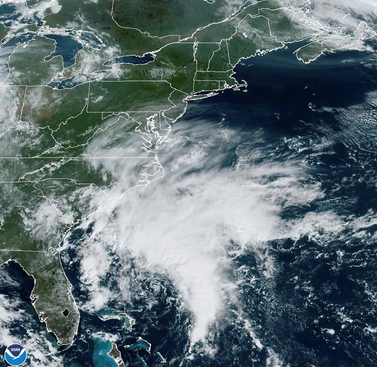 A potential tropical cyclone forming off the southeastern coast of the United States in the Atlantic Ocean in this Sept. 21, 2023, satellite image. (NOAA via AP)