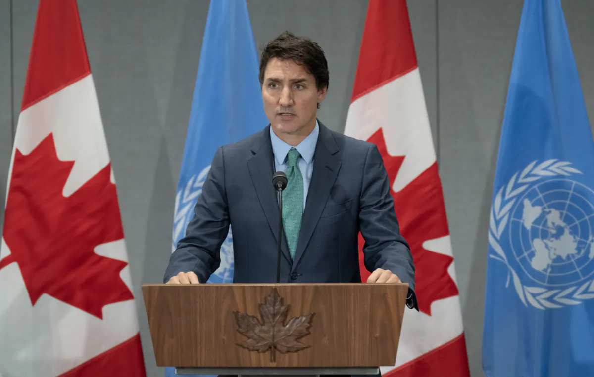 Prime Minister Justin Trudeau speaks during a news conference at the Canadian Permanent Mission, in New York, on Sept. 21, 2023. (Adrian Wyld/The Canadian Press)