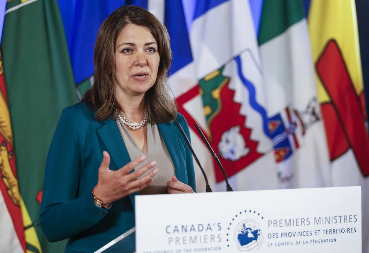 Alberta Premier Danielle Smith speaks to media in Winnipeg, on July 11, 2023. (The Canadian Press/John Woods)