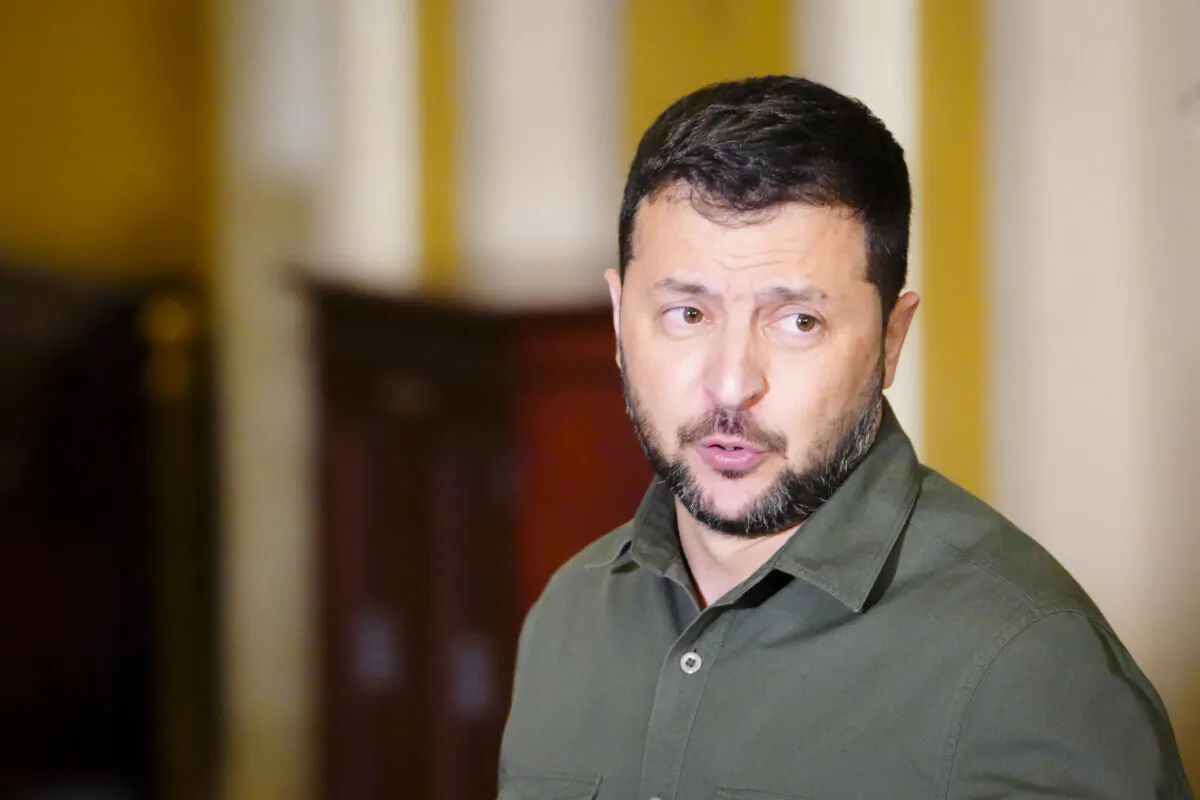 Ukrainian President Volodymyr Zelenskyy speaks to reporters after meeting with lawmakers in Congress in Washington on Sept. 21, 2023. (Madalina Vasiliu/The Epoch Times)