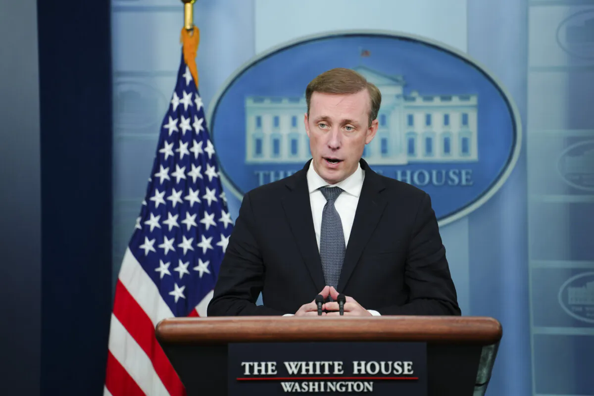 National Security Adviser Jake Sullivan speaks during a press briefing at the White House in Washington on Sept. 21, 2023. (Madalina Vasiliu/The Epoch Times)