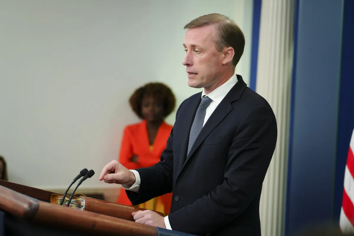 National security adviser Jake Sullivan speaks during a press briefing at the White House on Sept. 21, 2023. (Madalina Vasiliu/The Epoch Times)