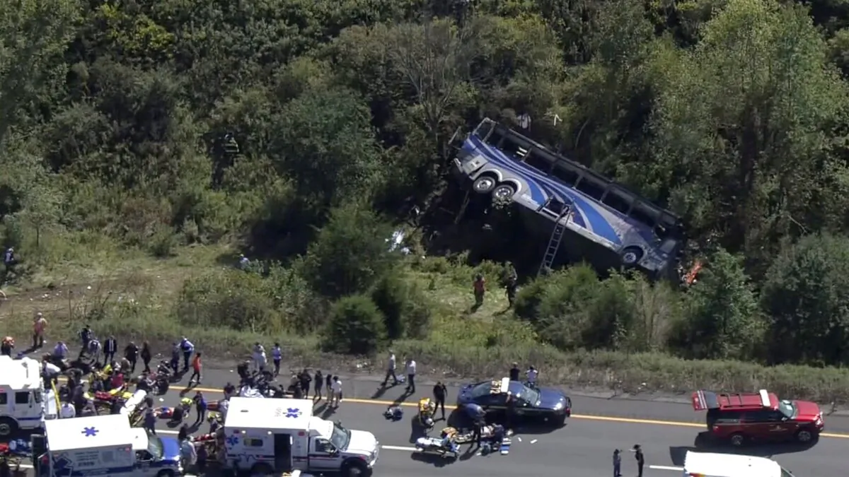 Emergency responders work the scene of a fatal bus crash in Wawayanda, New York, on Sept. 21, 2023. (NBC New York via AP)