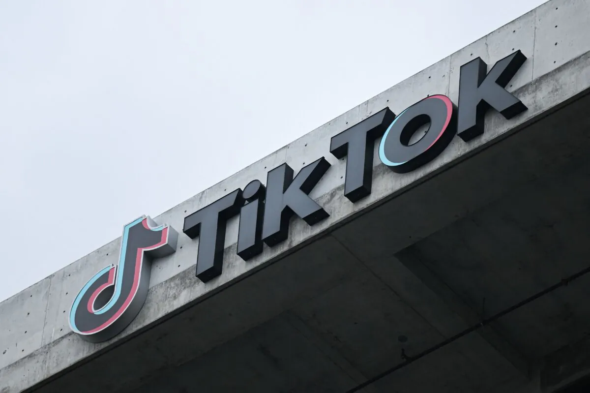 The TikTok logo is displayed on signage outside TikTok social media app company offices in Culver City, Calif., on March 16, 2023. (Patrick T. Fallon / AFP via Getty Images)