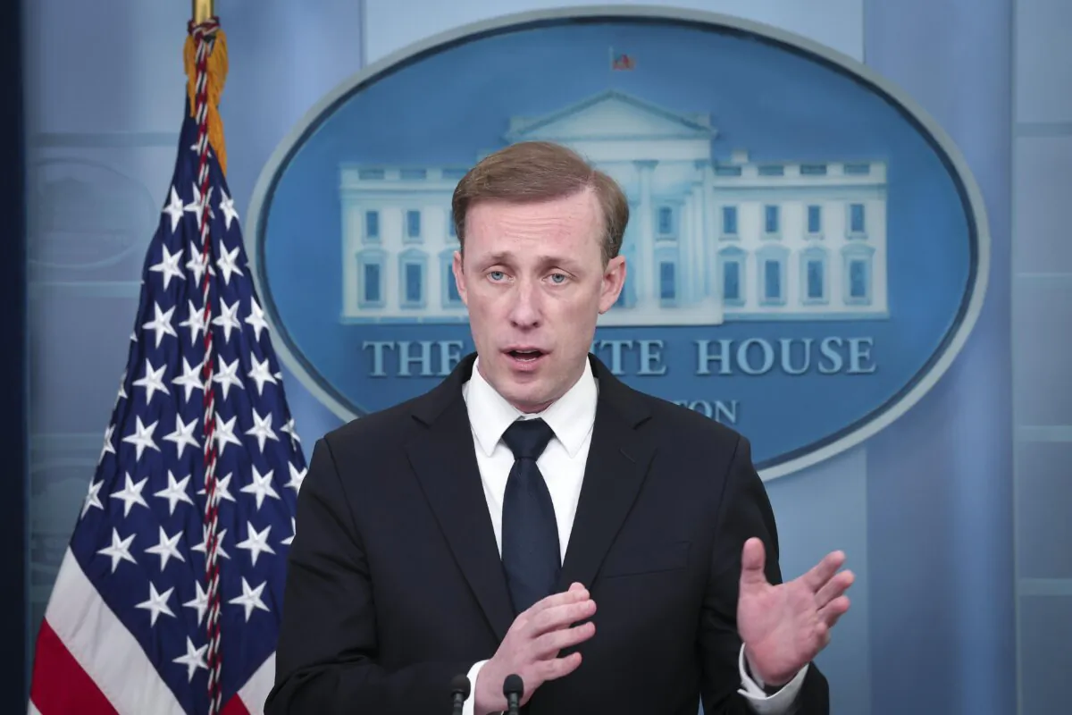 National security adviser Jake Sullivan speaks during the daily briefing at the White House on April 24, 2023. (Win McNamee/Getty Images)