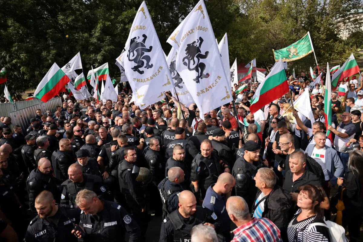 Protesters scuffle with police during an anti-government demonstration in Sofia, Bulgaria, on Sept. 21, 2023. (Stoyan Nenov/Reuters)