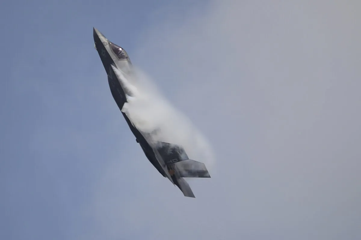 A U.S. Marine Corps F-35B Lightning II takes part in an aerial display during the Singapore Airshow 2022 at Changi Exhibition Centre in Singapore on Feb. 15, 2022. (Suhaimi Abdullah/AP Photo)