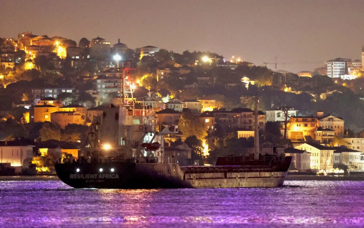 Palau-flagged cargo ship Resilient Africa, carrying Ukraine grain, transits Bosphorus in Istanbul on Sept. 22, 2023. (Yoruk Isik/Reuters)