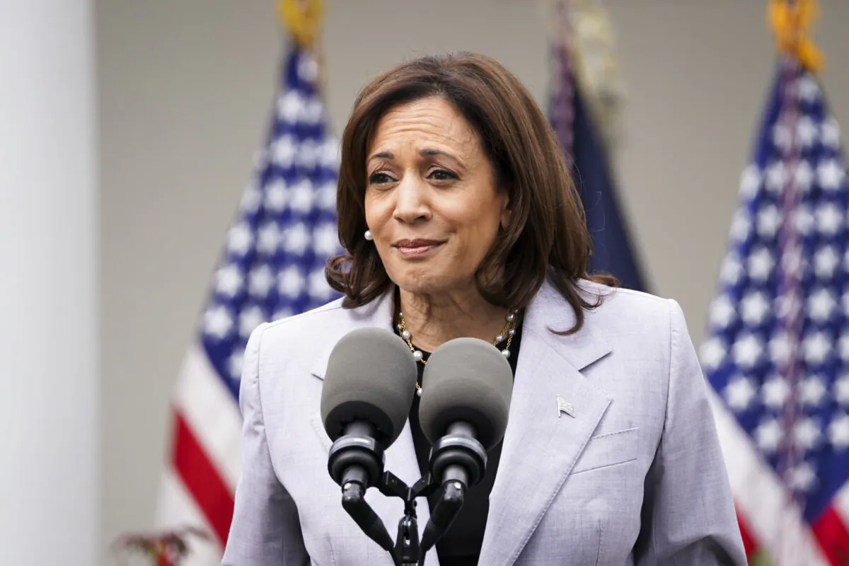 Vice President Kamala Harris speaks at the White House in Washington, on Sept. 22, 2023. (Madalina Vasiliu/The Epoch Times)