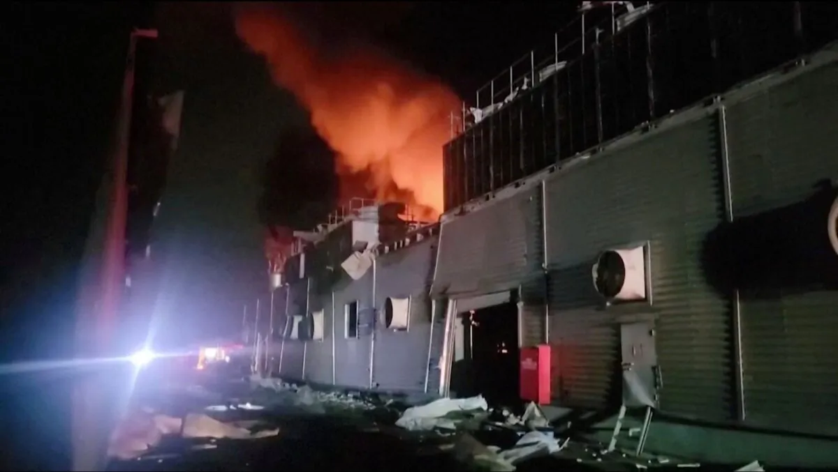 A view of smoke rising from golfing equipment factory, following a fire at golf equipment factory, in Pingtung, Taiwan, on Sept. 22, 2023, in this screen grab obtained from a handout video. (CTI/via Reuters TV/Handout via Reuters)