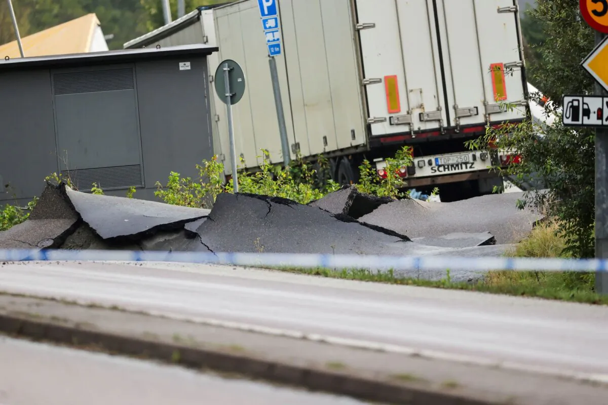 A view of a partially collapsed motorway following a landslide, near Stenungsund, Sweden, on Sept. 23, 2023. (Adam Ihse/TT News Agency/via Reuters)