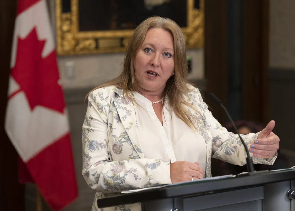President of the Treasury Board Mona Fortier speaks with reporters in the Foyer of the House of Commons, on May 1, 2023 in Ottawa. (Adrian Wyld/The Canadian Press)