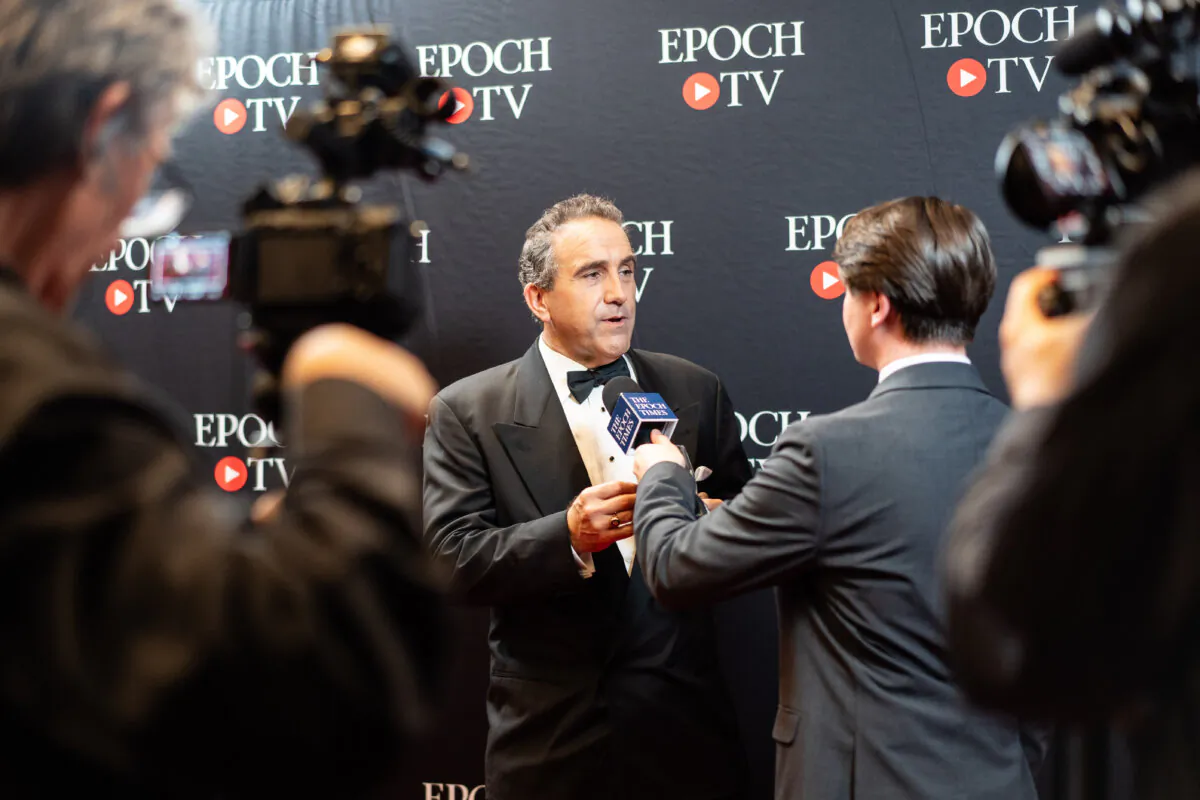 Marc Morano, executive editor and chief correspondent at ClimateDepot.com, is interviewed at the world premiere of The Epoch Times original documentary “No Farmers No Food: Will You Eat the Bugs?” in Irving, Texas, on Sept. 22, 2023. (Samira Bouaou/The Epoch Times)