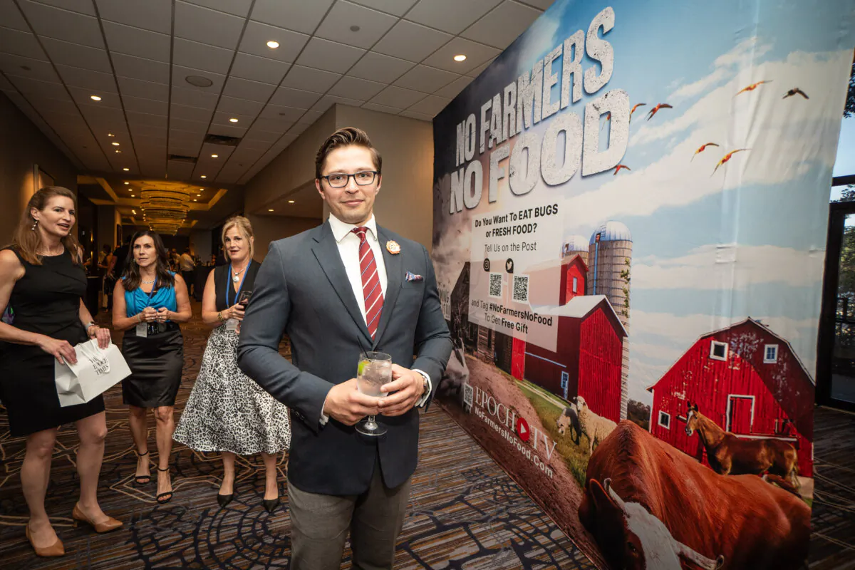 Roman Balmakov, Facts Matter host and director at the world premiere of Epoch Times original documentary “No Farmers No Food: Will You Eat The Bugs?” in Irving, Texas, on Sept. 22, 2023. (Samira Bouaou/The Epoch Times)