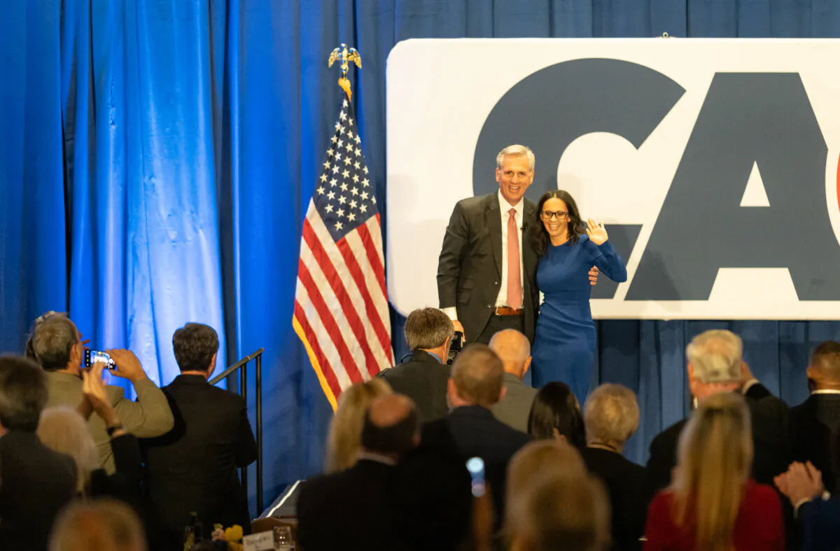 CA GOP Chairwoman Jessica Patterson with House Speaker Kevin McCarthy at the CA GOP 2023 convention in Sacramento, Calif., on March 11, 2023. (John Fredricks/The Epoch Times)