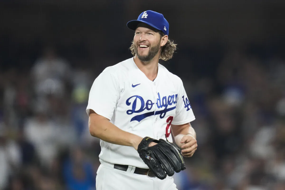 Los Angeles Dodgers starting pitcher Clayton Kershaw (22) reacts after left fielder David Peralta caught a line drive hit by San Francisco Giants' Austin Slater during the fifth inning of a baseball game in Los Angeles on Sept. 23, 2023. (Ashley Landis/AP Photo)