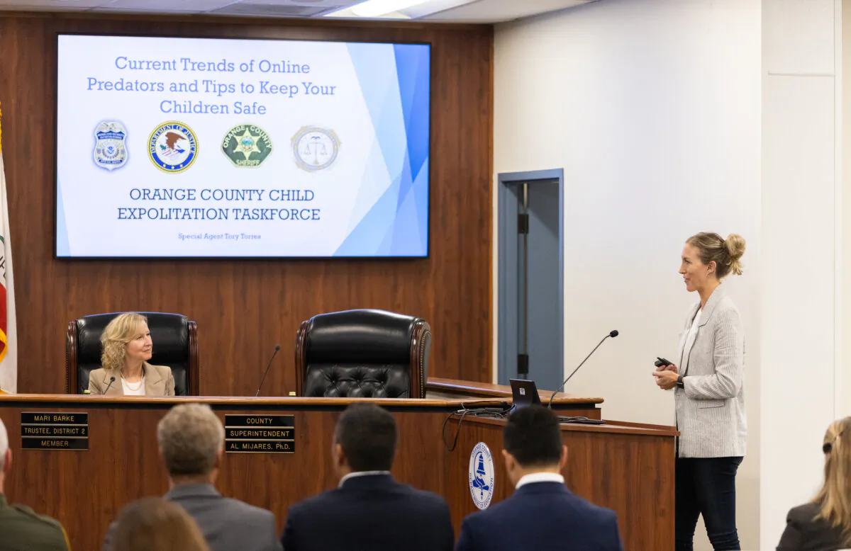 Homeland Security Investigations (HSI) Special Agent Tory Torres speaks at the Orange County Board of Education building in Costa Mesa, Calif., on September 20, 2023. (John Fredricks/The Epoch Times)