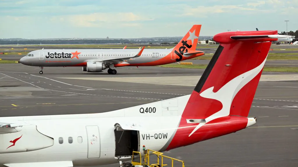 A photo taken on Aug. 22, 2023 shows a Airbus A321 Neo operated by the Qantas low-cost airline Jetstar at Kingsford Smith Airport in Sydney, Australia. (William West/AFP via Getty Images)
