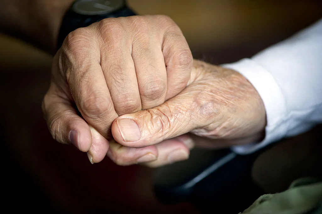 An elderly man holds the hand of his carer in his room in Berlin on Oct. 8, 2013. (Odd Andersen/AFP via Getty Images)