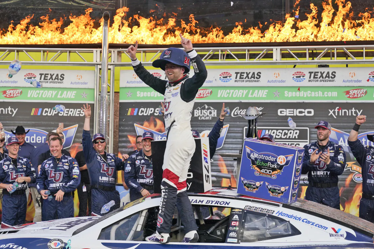 William Byron (24) celebrates winning the NASCAR Cup Series auto race at Texas Motor Speedway in Fort Worth, Texas, on Sept. 24, 2023. (LM Otero/AP Photo)