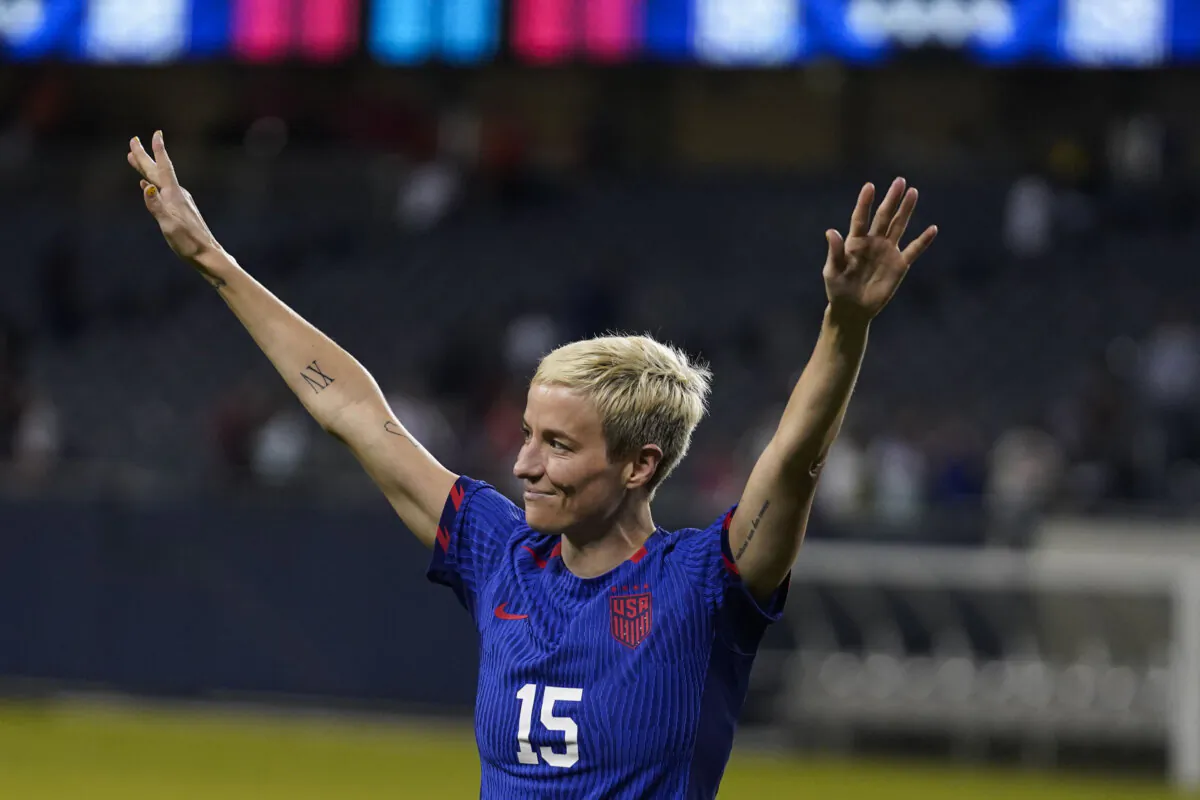 United States forward Megan Rapinoe finally leaves the field after a soccer game against South Africa and a special ceremony in Chicago on Sept. 24, 2023. (Erin Hooley/AP Photo)