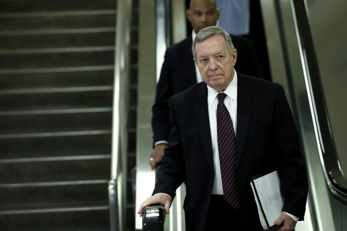 Senate Majority Whip Dick Durbin (D-IL) walks to a closed-door, classified briefing for Senators at U.S. Capitol Building in Washington on February 14, 2023. (Anna Moneymaker/Getty Images)
