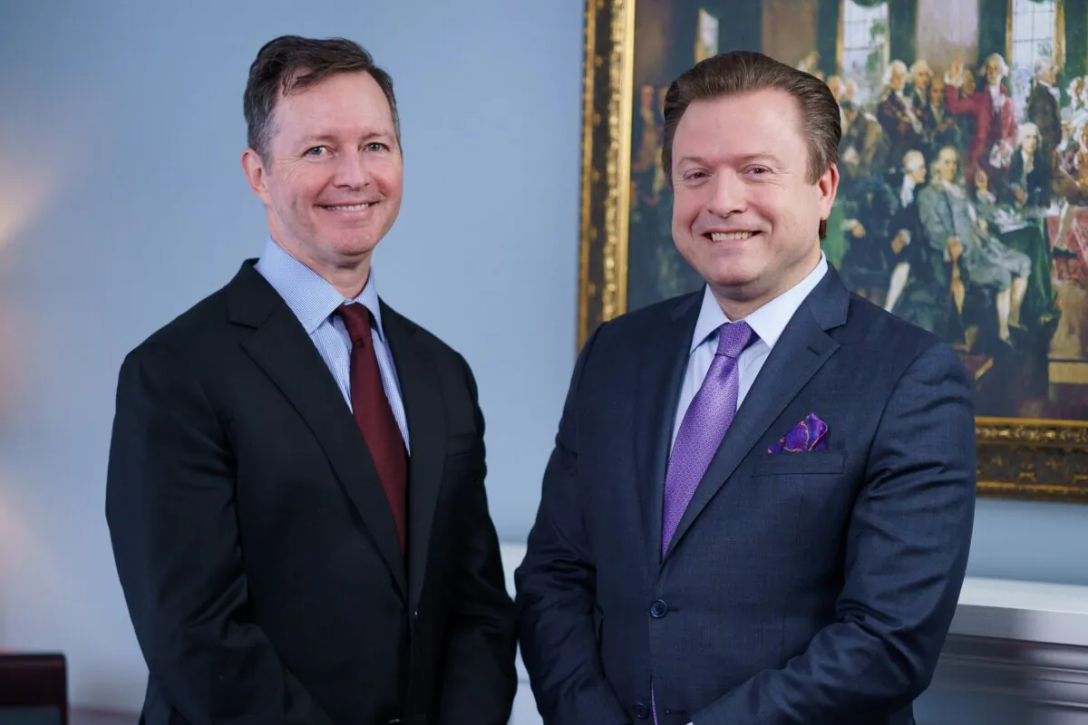 Kevin Stocklin (L), writer and producer of "The Shadow State," and Jan Jekielek, Epoch Times senior editor and host of "American Thought Leaders," in Washington, on Aug. 18, 2023.(Alejandro Heredia/The Epoch Times)