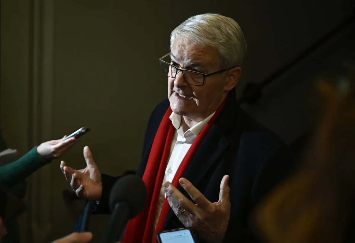 Marc Garneau speaks to reporters as he arrives for a caucus meeting on Parliament Hill in Ottawa, on March 8, 2023. (The Canadian Press/Justin Tang)