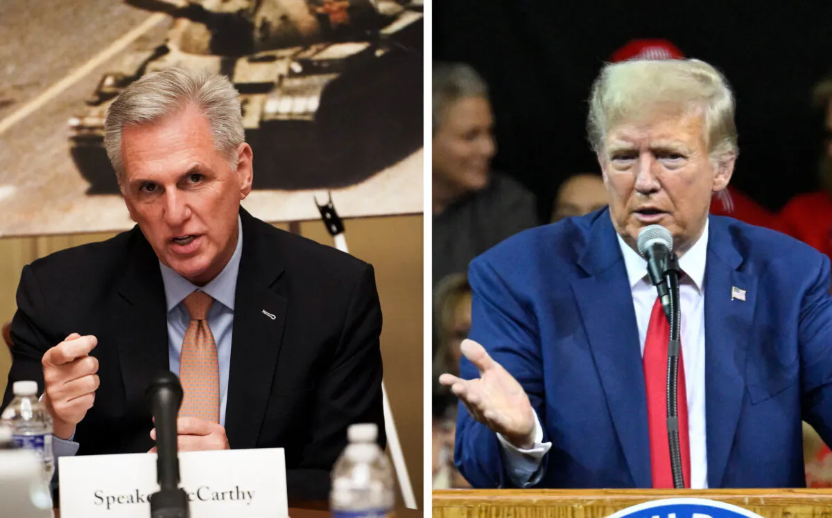 (Left) Former U.S. House Speaker Kevin McCarthy. (Madalina Vasiliu/The Epoch Times) ; (Right) Former president Donald Trump. (Andrew Caballero-Reynolds/AFP via Getty Images