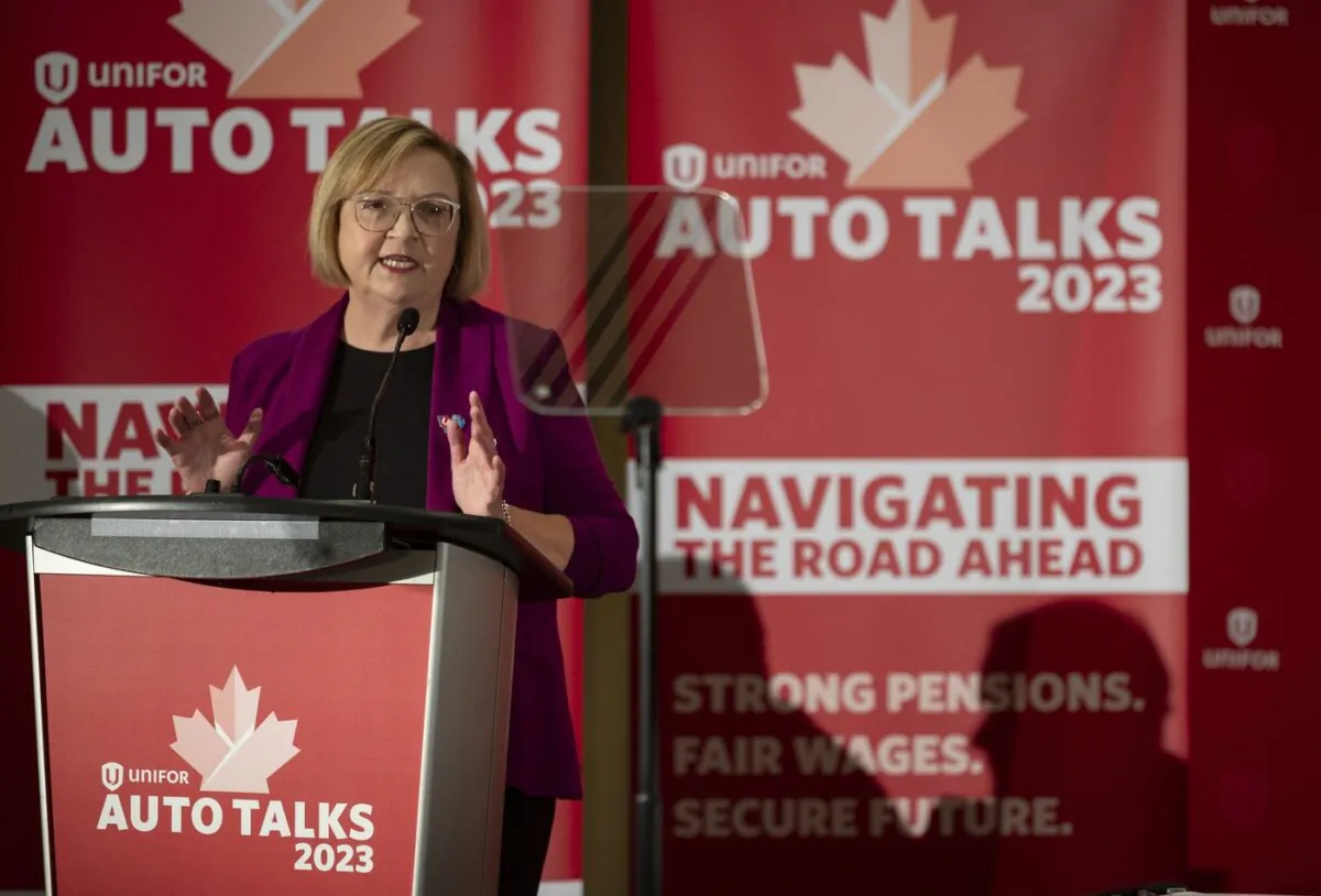 Lana Payne, Unifor National President speaks at a press conference in Toronto, on Aug. 29, 2023. (The Canadian Press/Tijana Martin)