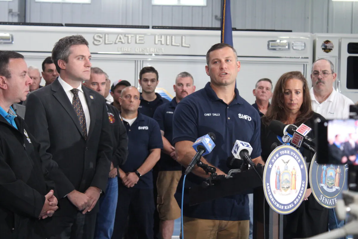 (L–R) New York state Assemblyman Karl Brabenec, Sen. James Skoufis, Slate Hill Fire Department Chief Michael Dally, and Town of Wawayanda Supervisor Denise Quinn at a press conference in Slate Hill, N.Y., on Sept. 25, 2023. (Courtesy of Sen. James Skoufis's Office)