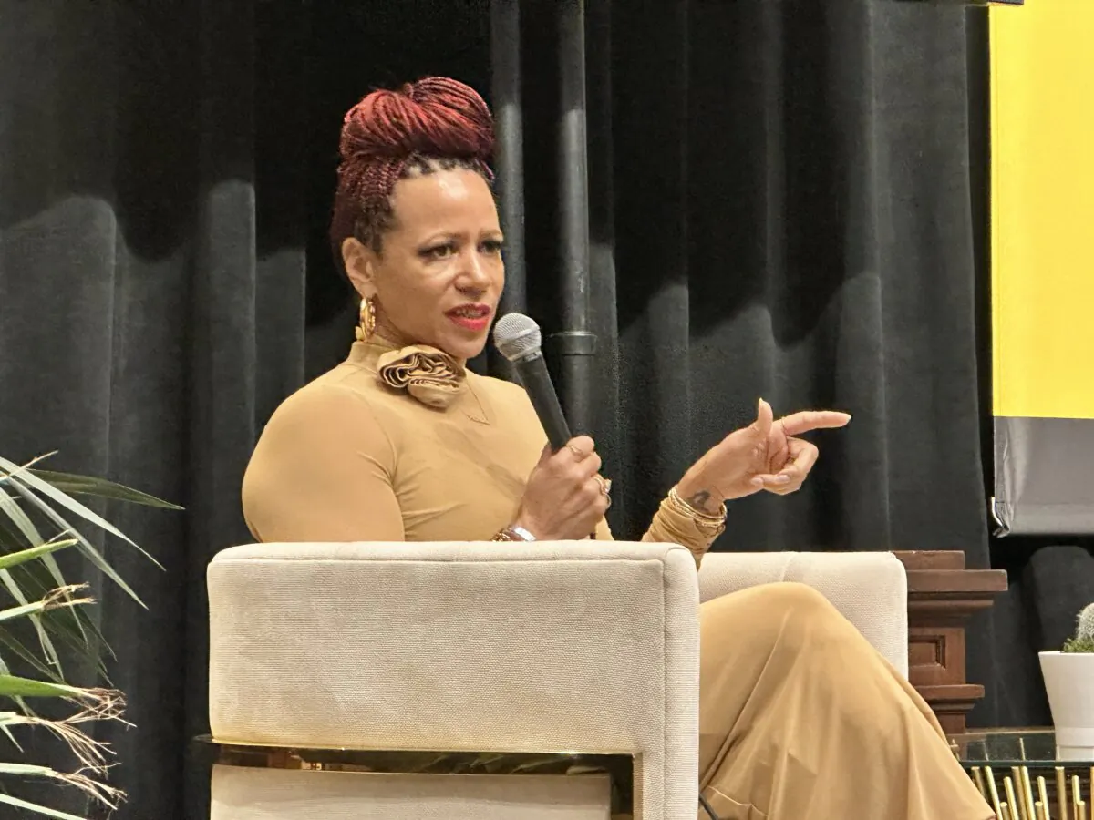 Nikole Hannah-Jones, author of "The 1619 Project," speaks about "systemic racism" at a church in Austin, Texas, on Sept. 23, 2023. (Darlene Sanchez/The Epoch Times)