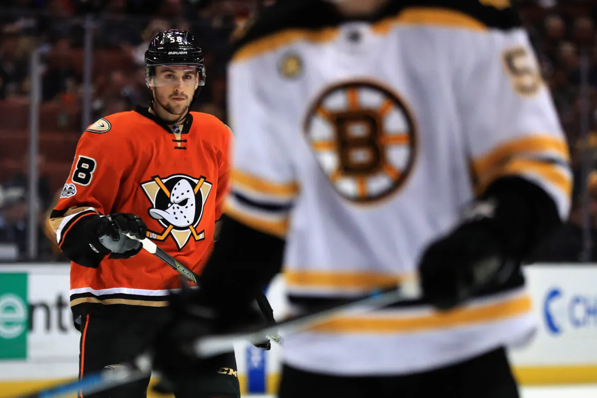 Nicolas Kerdiles (58) of the Anaheim Ducks looks on during the first period of a game against the Boston Bruins at Honda Center in Anaheim, Calif., on Feb. 22, 2017. (Sean M. Haffey/Getty Images)
