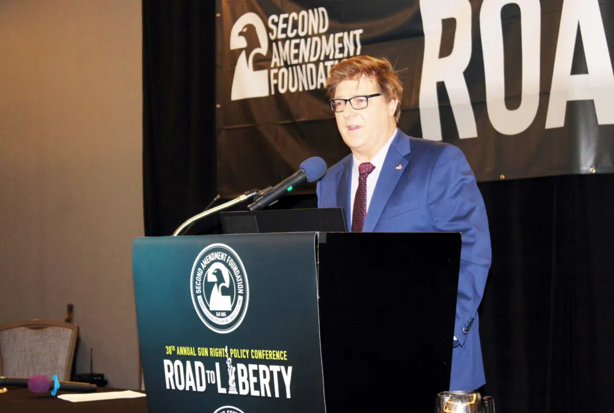 Mark Smith, constitutional attorney and host of the Four Boxes Diner Second Amendment channel on YouTube, speaks to the Gun Rights Policy Conference in Phoenix, Arizona, on Sept. 23, 2023. (Michael Clements/The Epoch Times.)
