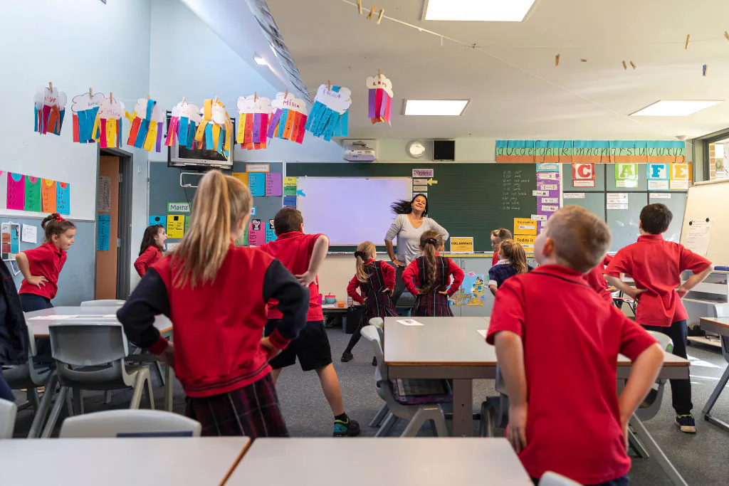 Performing arts class at Lysterfield Primary School in Melbourne, Australia, on May 26, 2020. (Daniel Pockett/Getty Images)