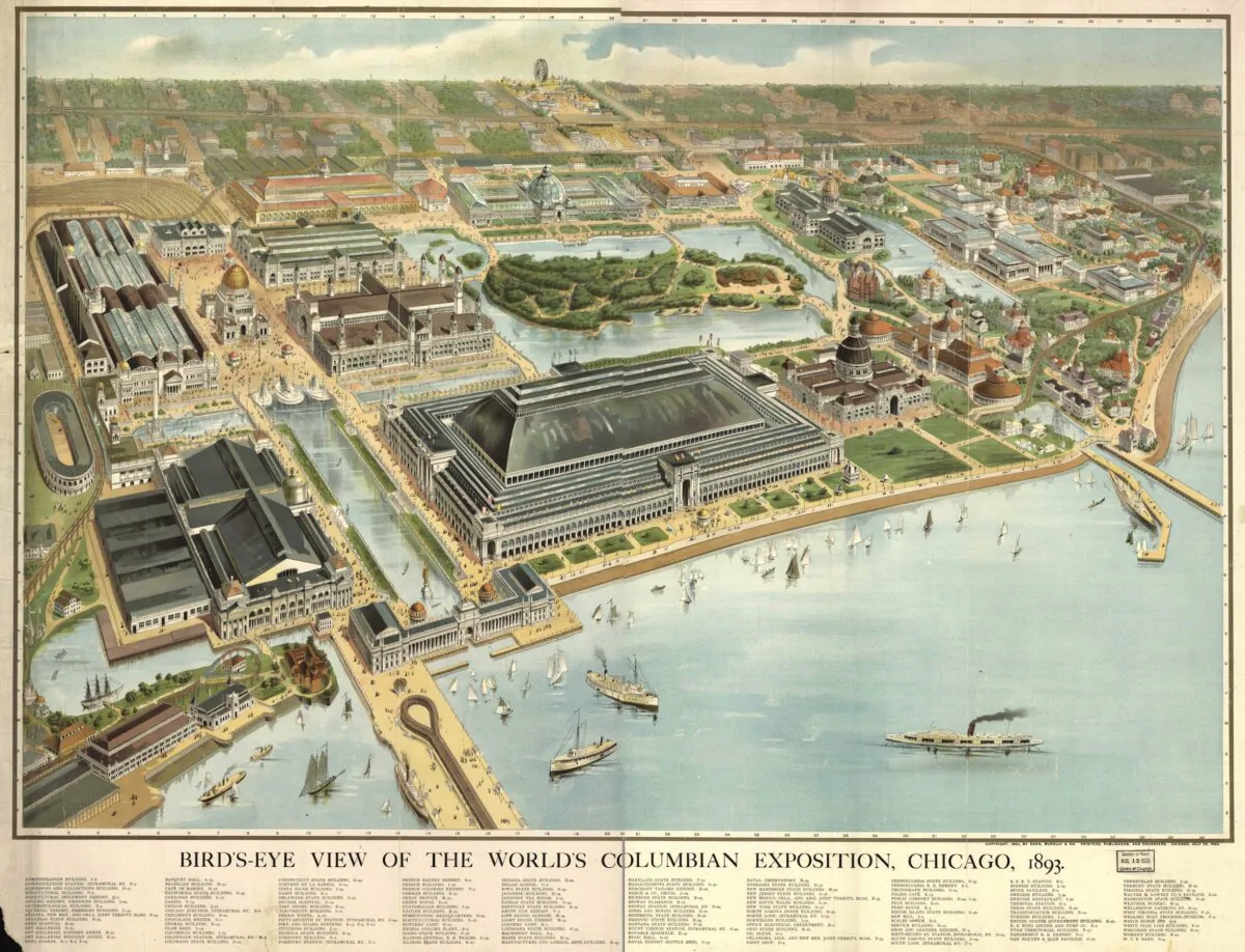 The Ferris wheel protrudes from the horizon
in this illustrated, bird’s-eye view of the World’s
Columbian Exposition by Rand, McNally & Co., 1893. (Public Domain)