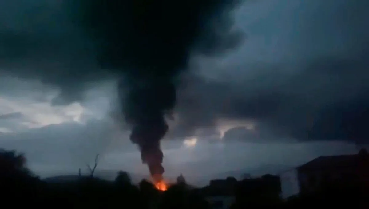Smoke rising after a fuel depot explosion near Stepanakert, Nagorno-Karabakh in this grab taken from video on Sept. 25, 2023. (Siranush Sargsyan's Twitter account via AP)