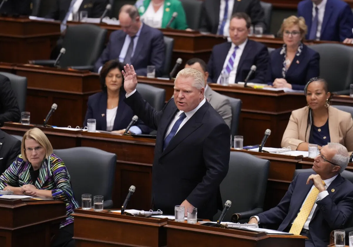 Ontario Premier Doug Ford responds to questions as MPPs returned for the fall session of the Ontario Legislature at Queen’s Park in Toronto on Sept. 25, 2023. (The Canadian Press/Nathan Denette)