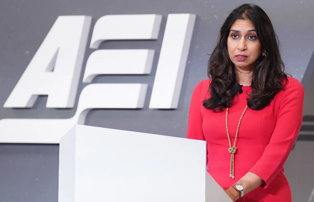 Home Secretary Suella Braverman delivers a keynote address on global migration challenges at the American Enterprise Institute in Washington, D.C. on Sept. 26, 2023. (PA Media)