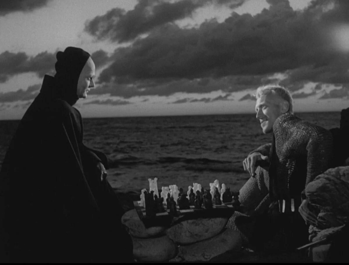 Death (Bengt Ekerot, L) and medieval knight Antonius Block (Max von Sydow) play a deadly game of chess in “The Seventh Seal.” (Swedish Film Industry)