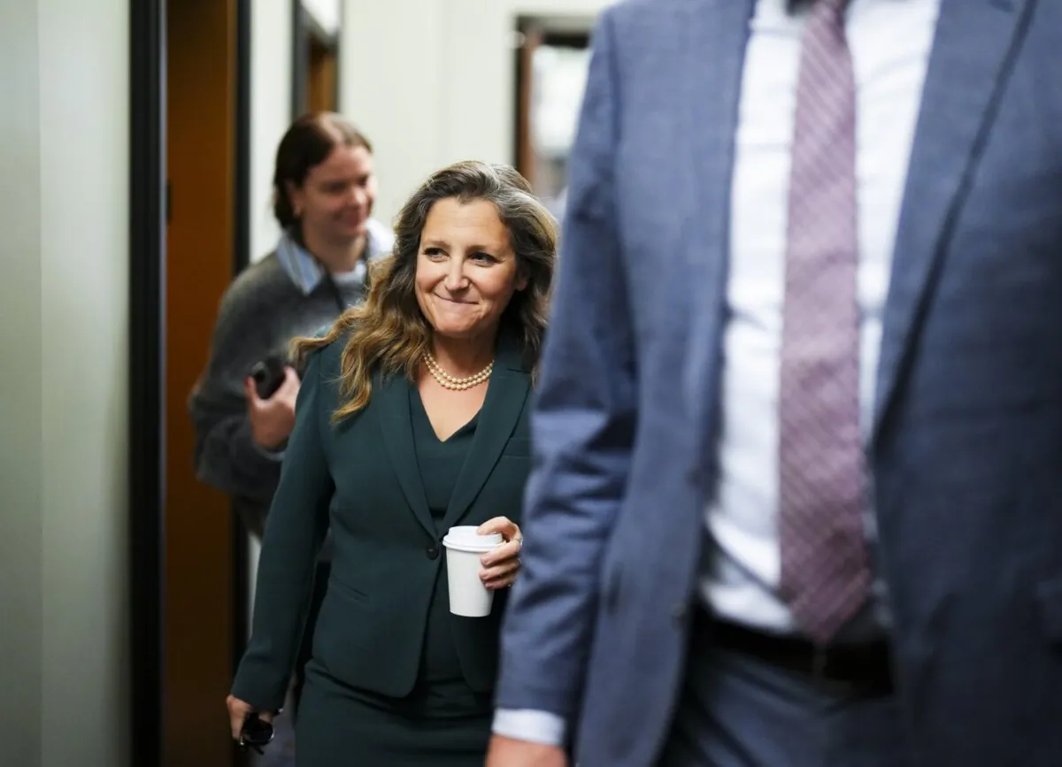 Deputy Prime Minister and Finance Minister Chrystia Freeland arrives for a cabinet meeting on Parliament Hill in Ottawa on Sept. 26, 2023. (The Canadian Press/Sean Kilpatrick)