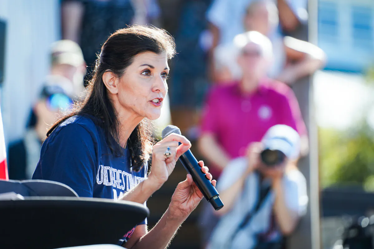 Republican presidential candidate and former South Carolina Gov. Nikki Haley speaks at the Iowa State Fair in Des Moines, Iowa, on Aug. 12, 2023. (Madalina Vasiliu/The Epoch Times)