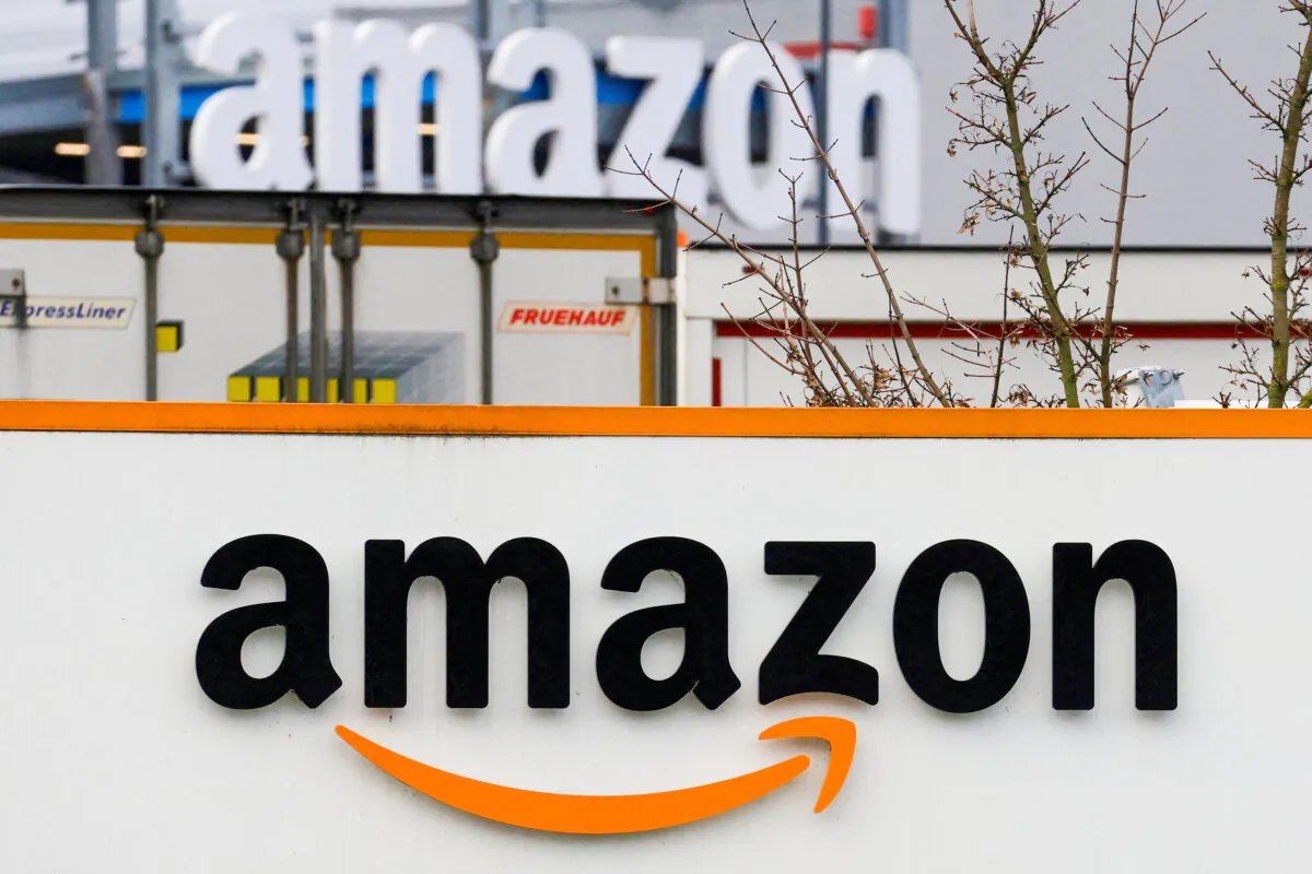 The logo of Amazon at the company logistics center in Lauwin-Planque, northern France, on Jan. 5, 2023. (Pascal Rossignol/Reuters)