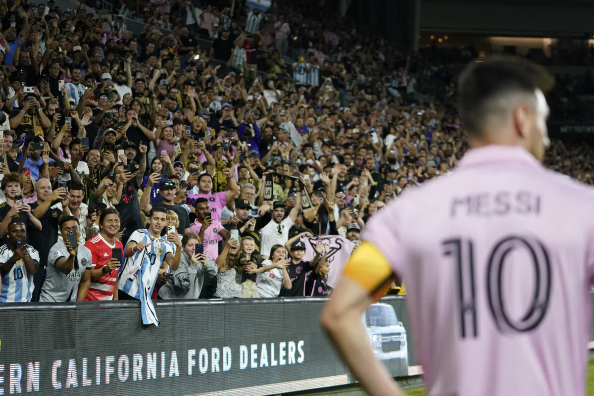 Fans cheer as Inter Miami forward Lionel Messi (10) waits for a corner kick during the second half of an MLS soccer match against Los Angeles FC in Los Angeles on Sept. 3, 2023. (Ryan Sun/AP Photo)