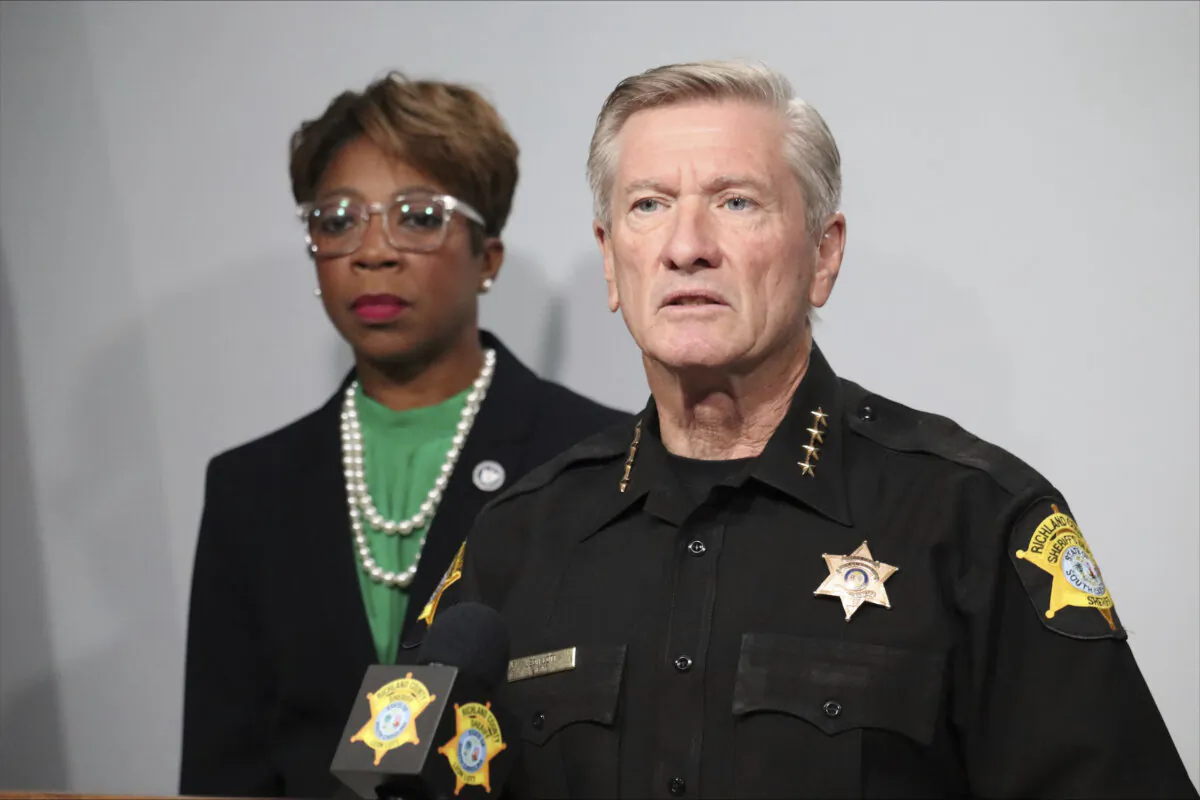 Richland County Sheriff Leon Lott (R) and Councilmember Gretchen Barron speak at a news conference in Columbia, S.C., on Sept. 25, 2023. (James Pollard/AP Photo)